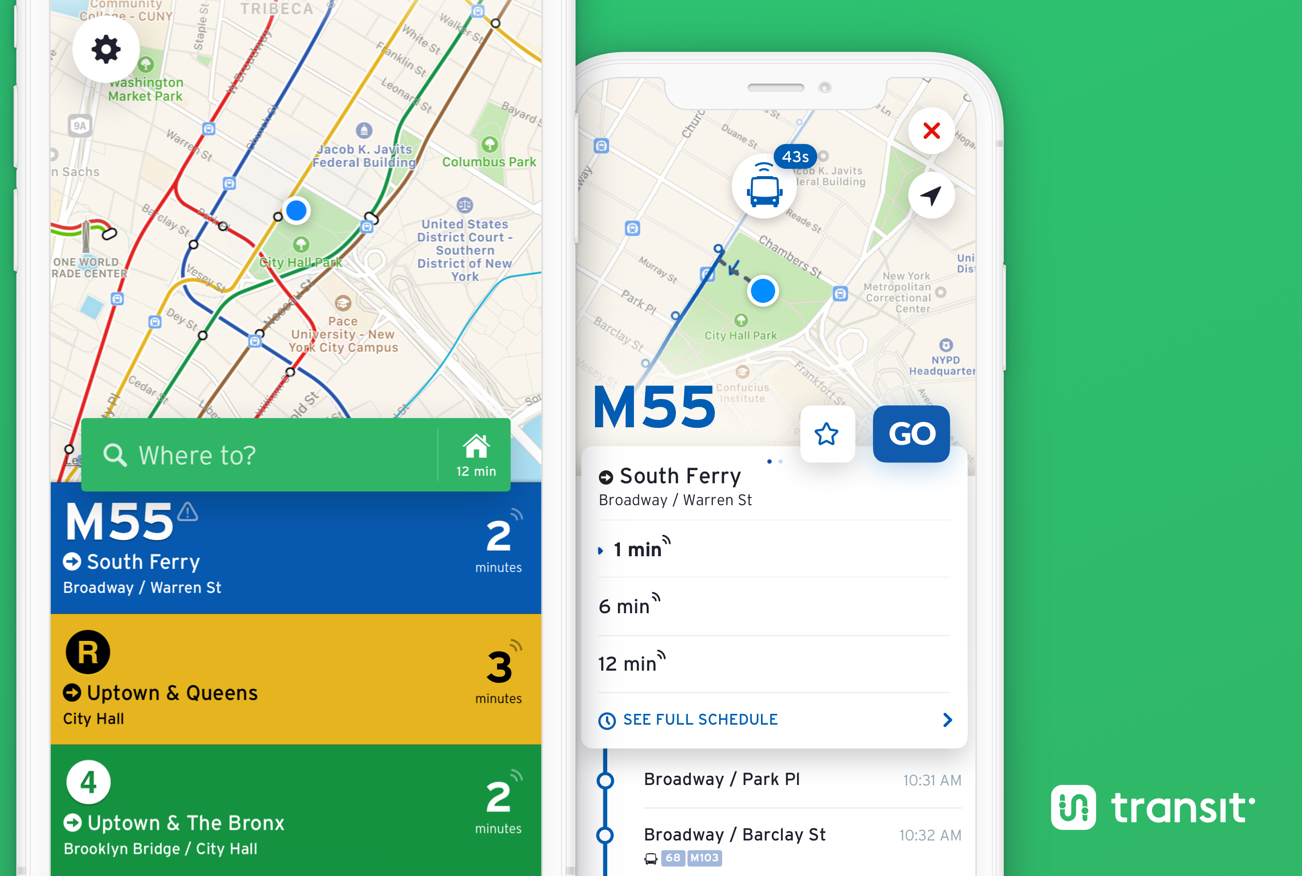 Transit Route View screen
