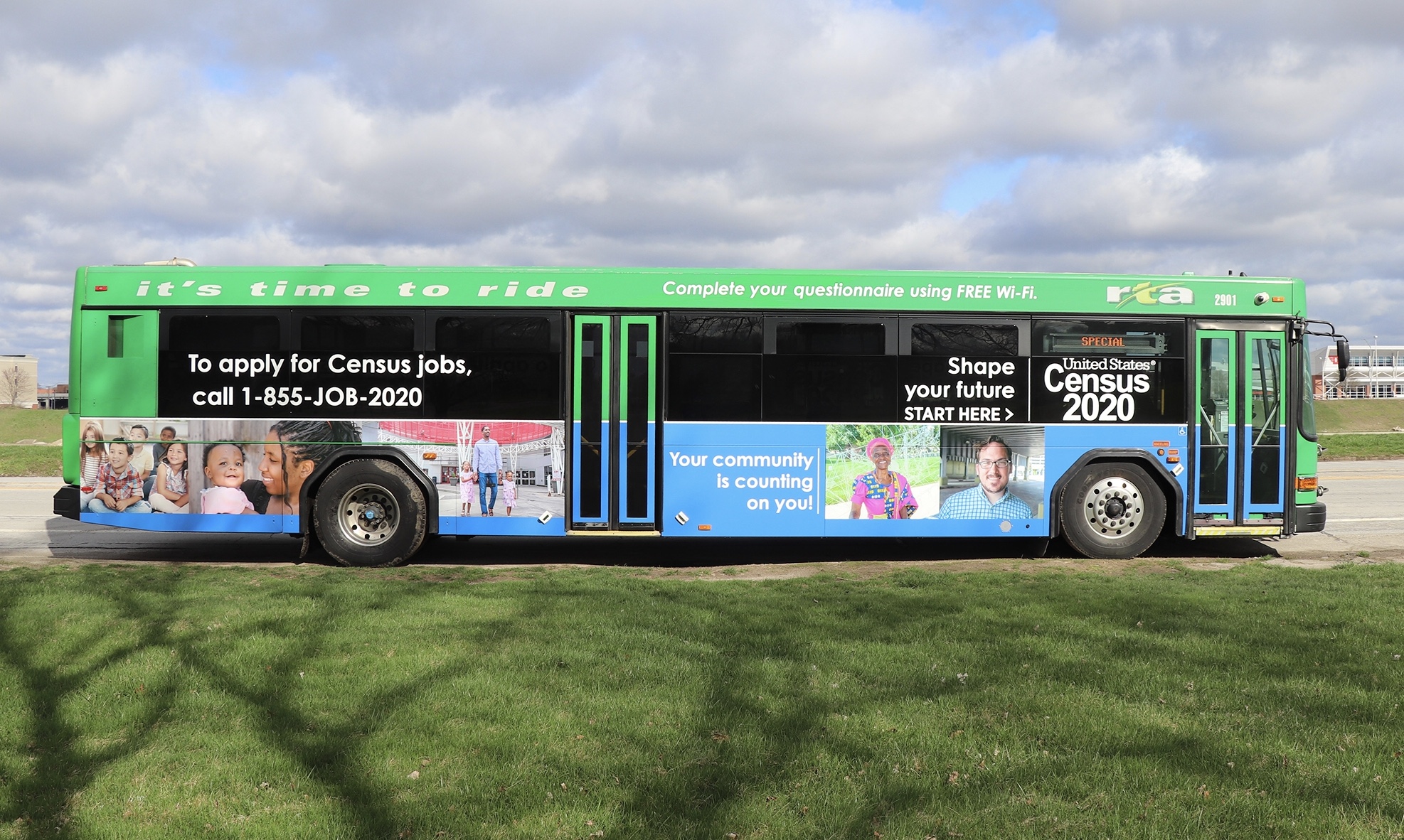 bus with census information printed on the side